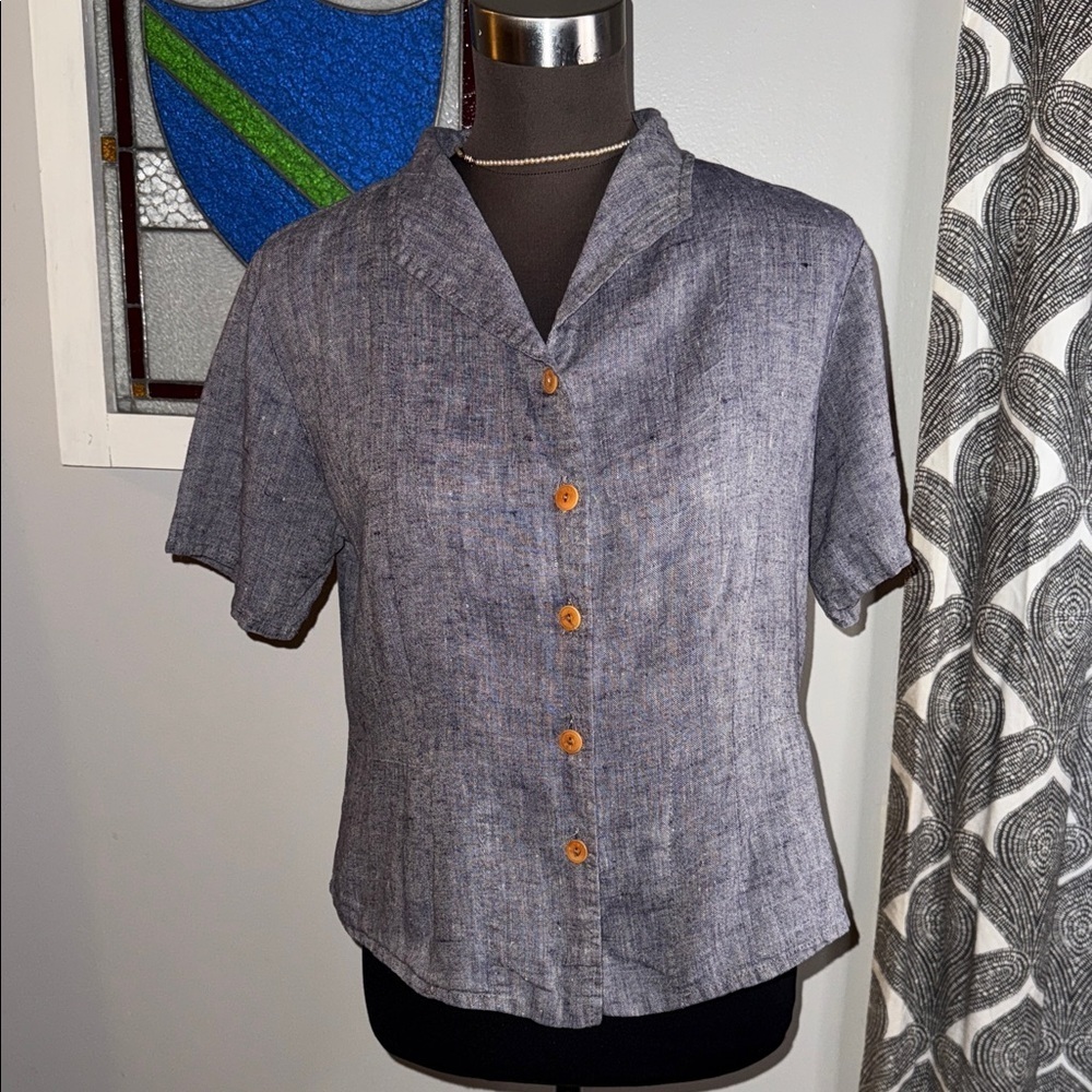 Flax Short-Sleeve Button-Front Shirt in Heathered Gray